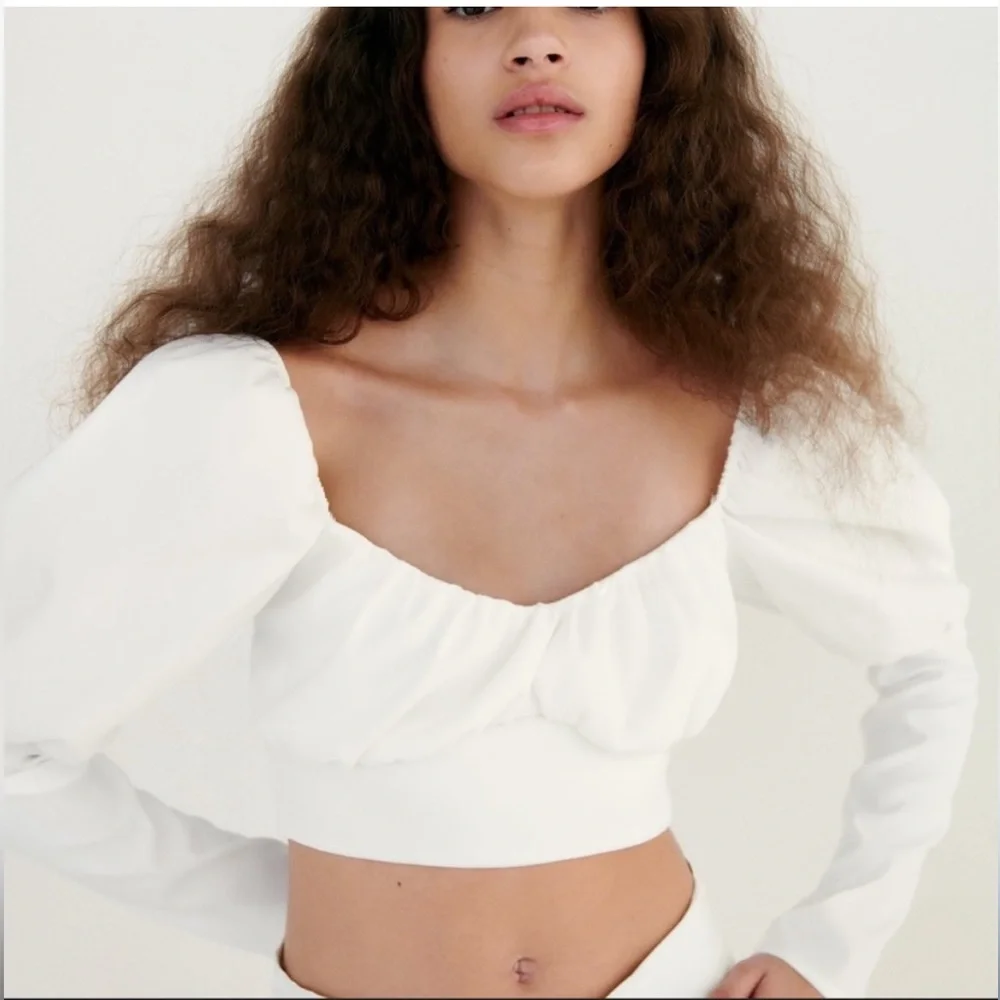 Zara White Puff Sleeve Crop Top Blouse